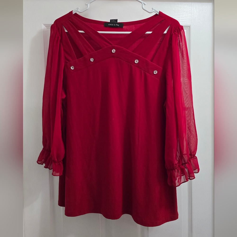 Chic Red Blouse with Sheer Sleeves